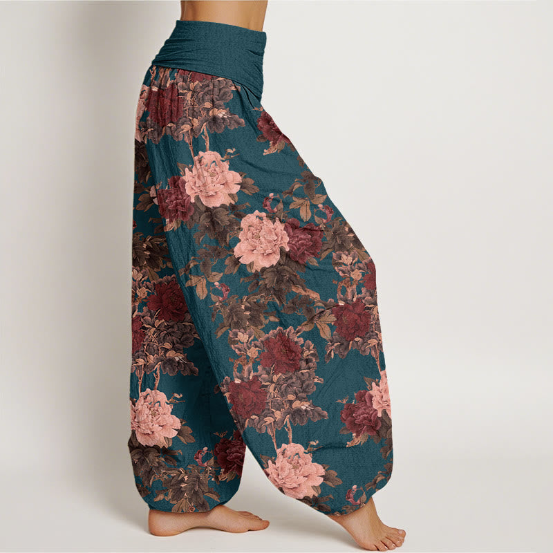 Pantalon Buddha Stones décontracté à taille élastique pour femme avec motif de pivoines luxuriantes et feuilles - image 8