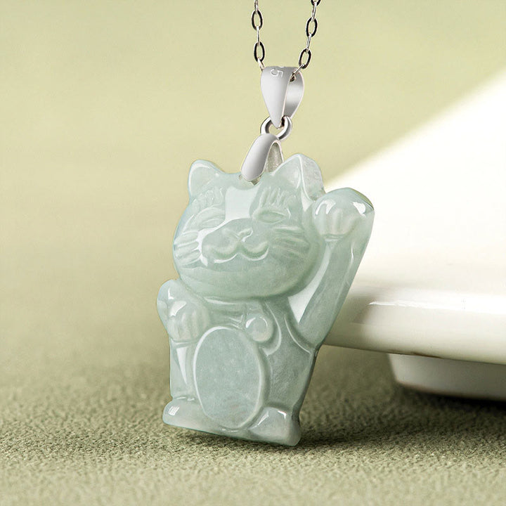 Collier pendentif en acier titane avec Buddha Stones, chat porte-bonheur et jade, symbole de prospérité - image 1