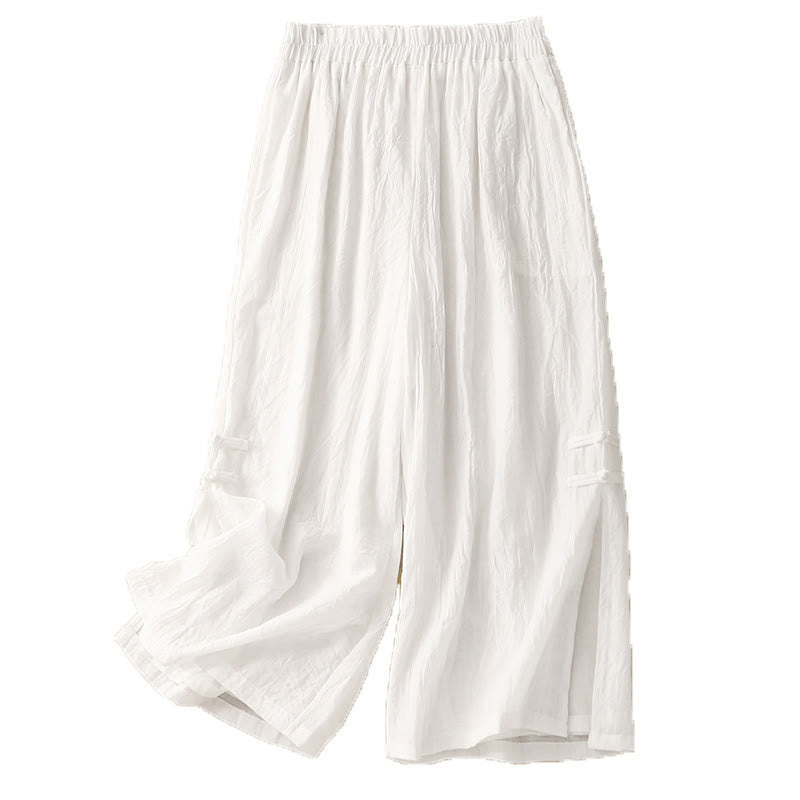 Pantalon large décontracté en coton et lin pour femme, couleur Buddha Stones , motif grenouille chinoise, boutons