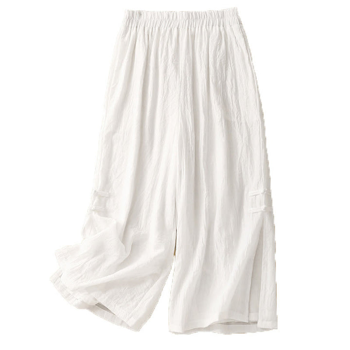 Pantalon large décontracté en coton et lin pour femme, couleur Buddha Stones , motif grenouille chinoise, boutons