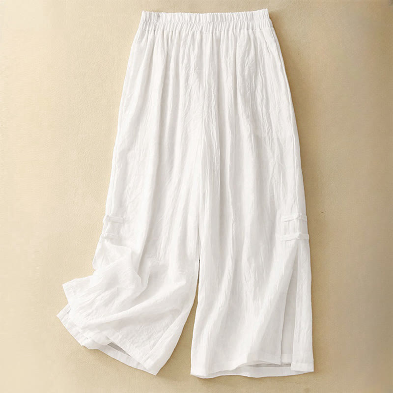 Pantalon large décontracté en coton et lin pour femme, couleur Buddha Stones , motif grenouille chinoise, boutons