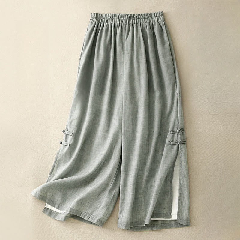 Pantalon large décontracté en coton et lin pour femme, couleur Buddha Stones , motif grenouille chinoise, boutons