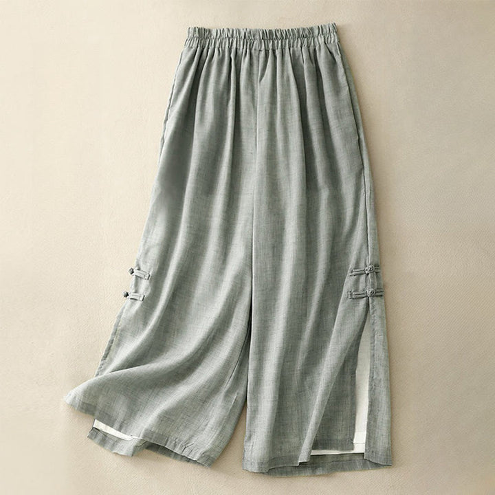 Pantalon large décontracté en coton et lin pour femme, couleur Buddha Stones , motif grenouille chinoise, boutons