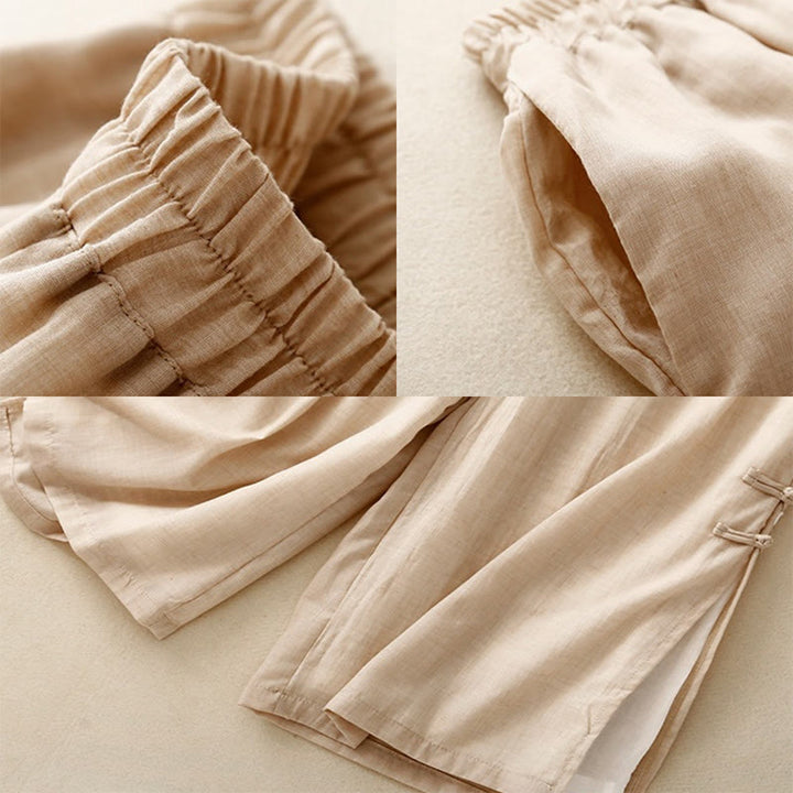 Pantalon large décontracté en coton et lin pour femme, couleur Buddha Stones , motif grenouille chinoise, boutons