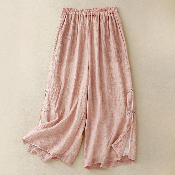 Pantalon large décontracté en coton et lin pour femme, couleur Buddha Stones , motif grenouille chinoise, boutons