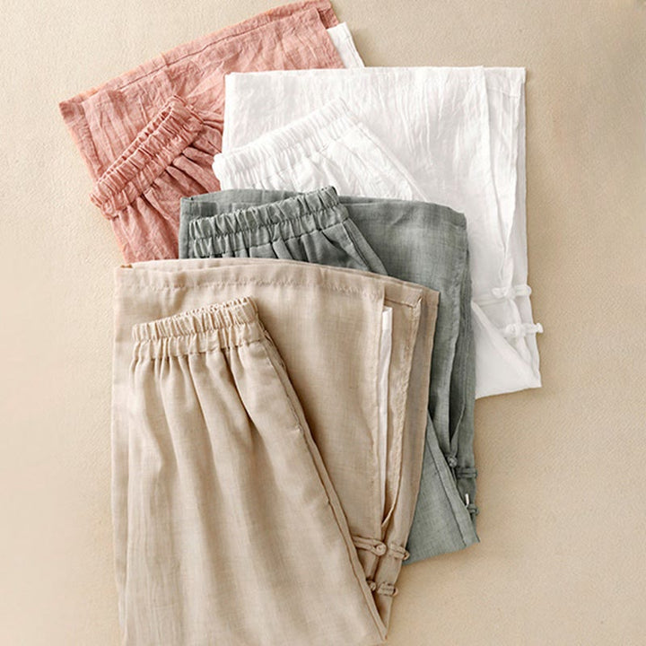 Pantalon large décontracté en coton et lin pour femme, couleur Buddha Stones , motif grenouille chinoise, boutons
