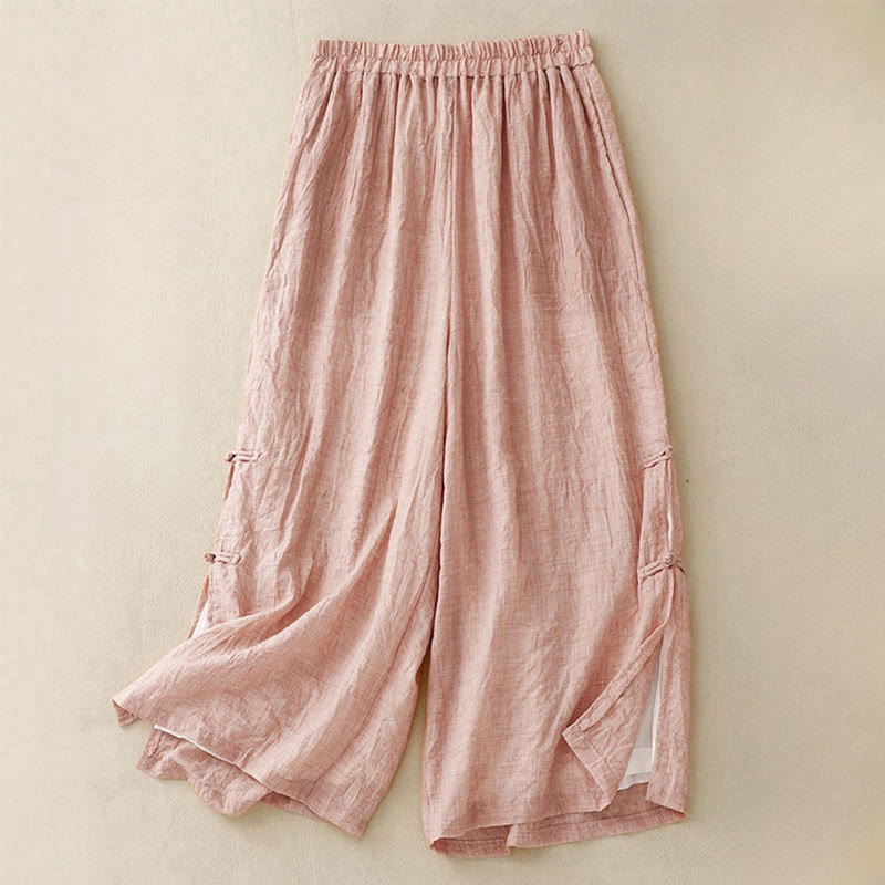 Pantalon large décontracté en coton et lin pour femme, couleur Buddha Stones , motif grenouille chinoise, boutons - Rose clair - US8-10，UK/AU12-14，EU40-42 (2XL) - image 0