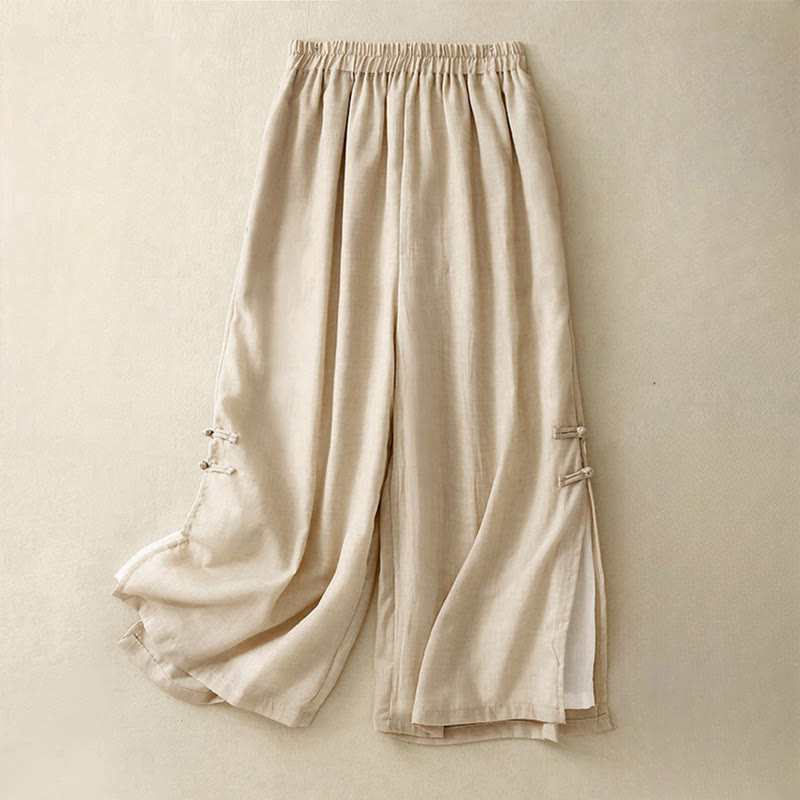 Pantalon large décontracté en coton et lin pour femme, couleur Buddha Stones , motif grenouille chinoise, boutons
