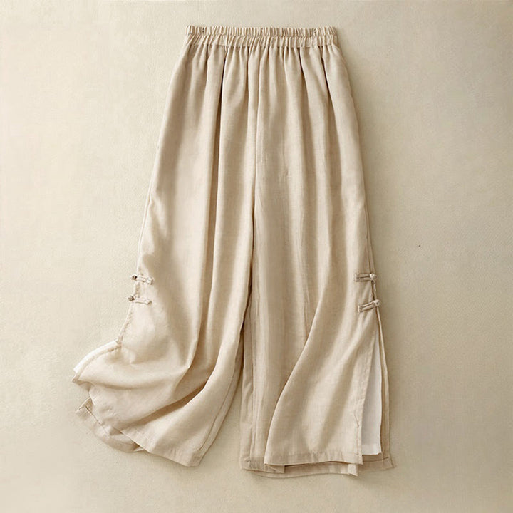 Pantalon large décontracté en coton et lin pour femme, couleur Buddha Stones , motif grenouille chinoise, boutons