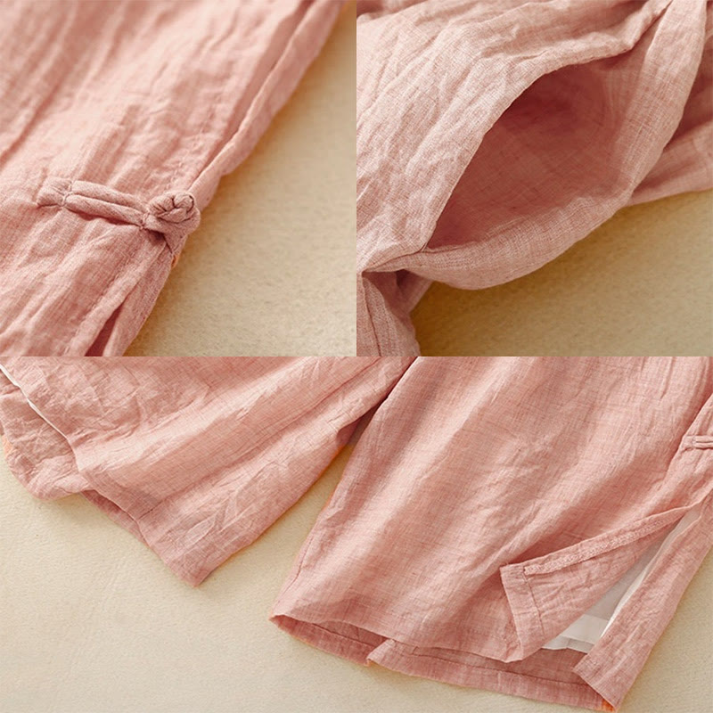 Pantalon large décontracté en coton et lin pour femme, couleur Buddha Stones , motif grenouille chinoise, boutons - image 2