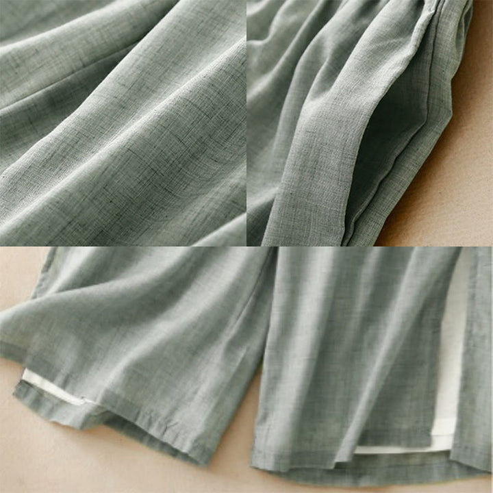 Pantalon large décontracté en coton et lin pour femme, couleur Buddha Stones , motif grenouille chinoise, boutons