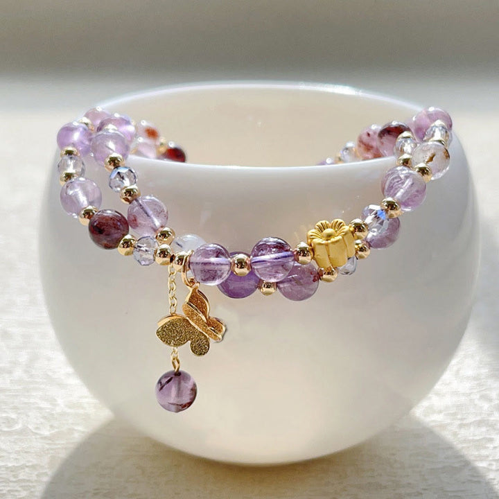 Bracelet double tour de méditation en améthyste et fleurs de papillon, Buddha Stones