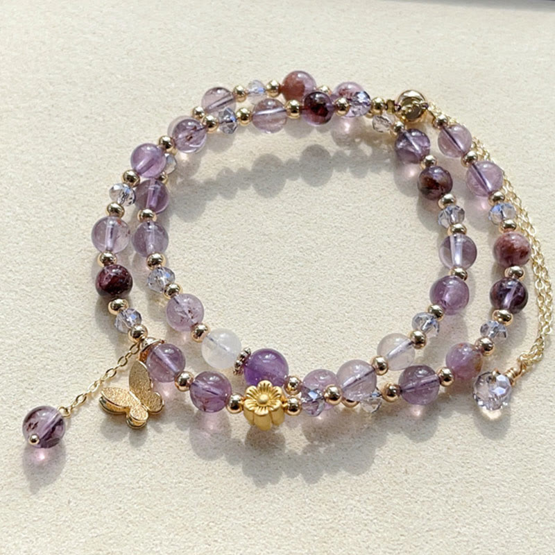 Bracelet double tour de méditation en améthyste et fleurs de papillon, Buddha Stones