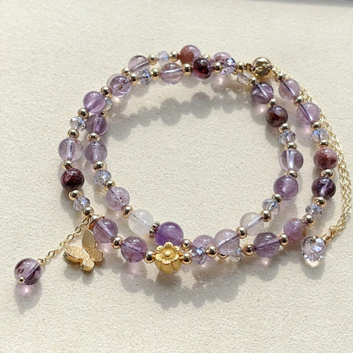 Bracelet double tour de méditation en améthyste et fleurs de papillon, Buddha Stones