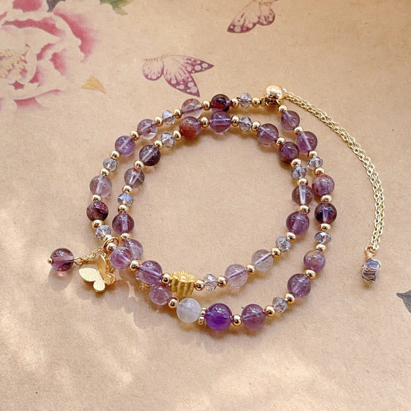 Bracelet double tour de méditation en améthyste et fleurs de papillon, Buddha Stones