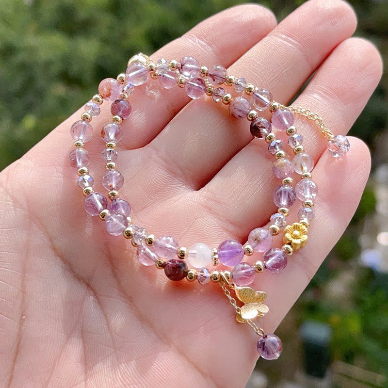 Bracelet double tour de méditation en améthyste et fleurs de papillon, Buddha Stones