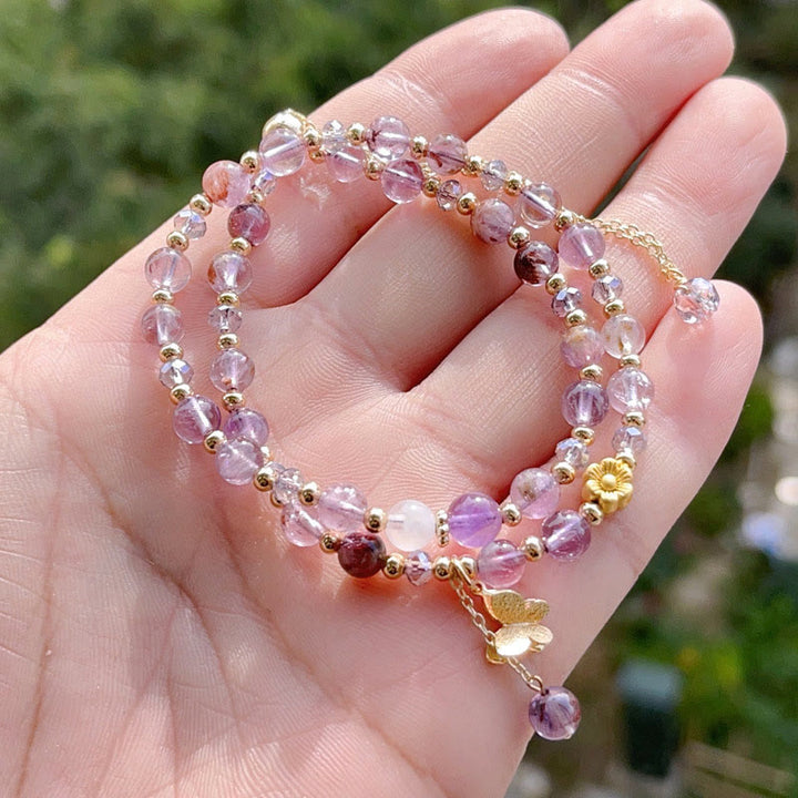 Bracelet double tour de méditation en améthyste et fleurs de papillon, Buddha Stones
