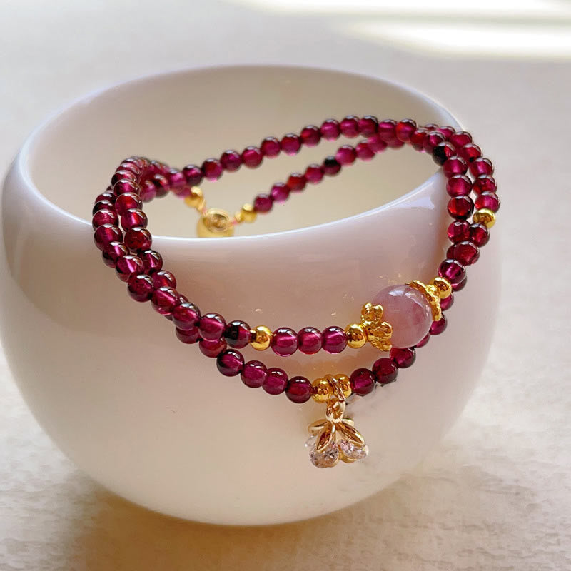 Bracelet double tour en Buddha Stones, fleur naturelle, grenat, cristal rose, calme