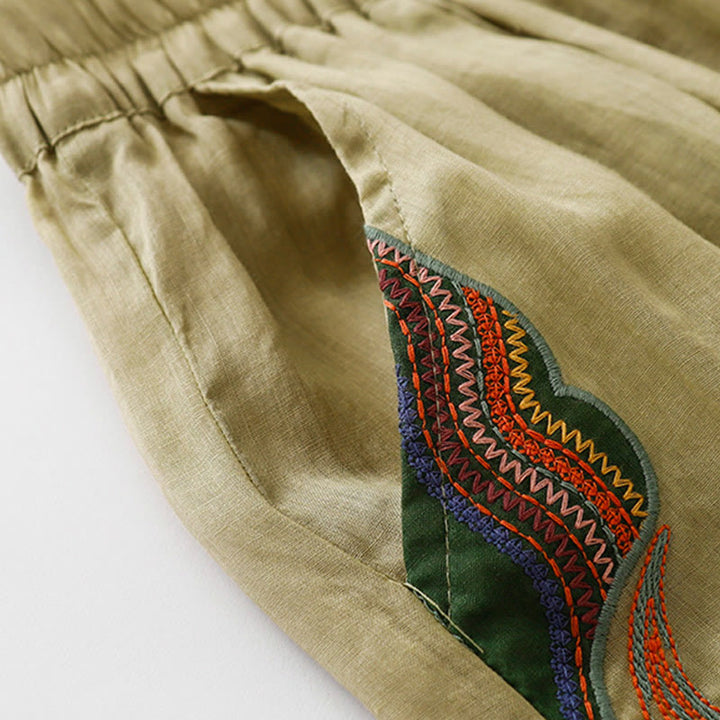 Pantalon large d'été en coton et lin double épaisseur avec broderie Buddha Stones et poches pour femme