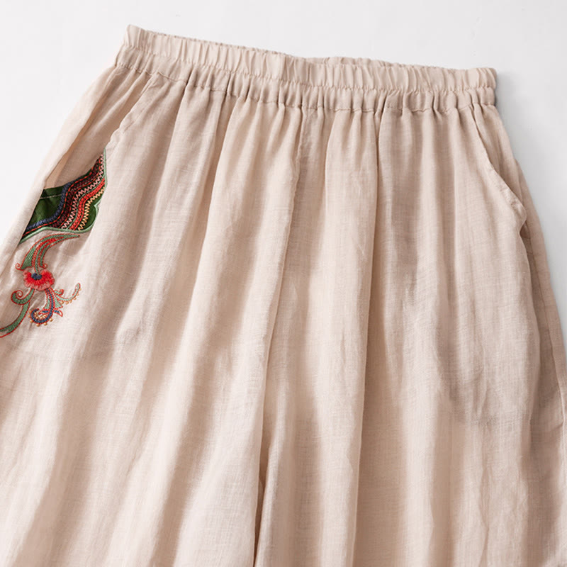 Pantalon large d'été en coton et lin double épaisseur avec broderie Buddha Stones et poches pour femme