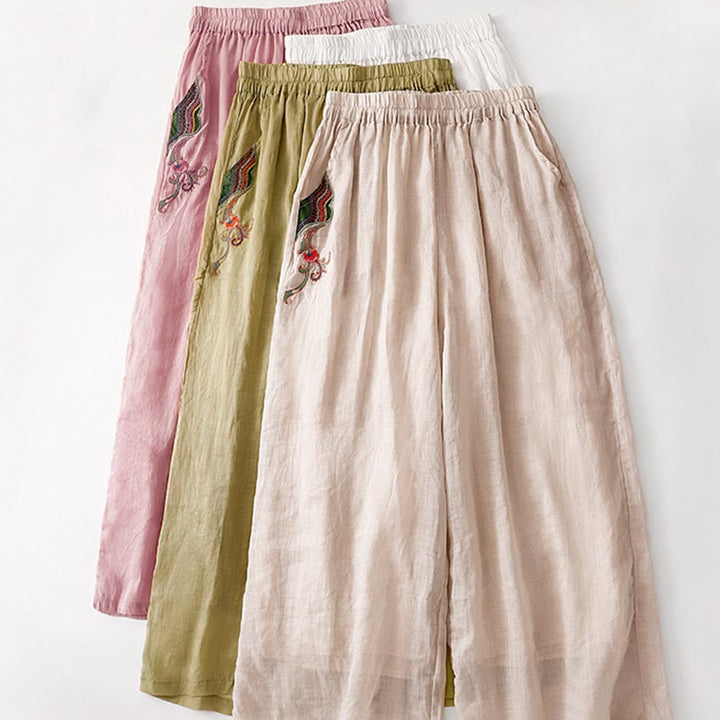 Pantalon large d'été en coton et lin double épaisseur avec broderie Buddha Stones et poches pour femme