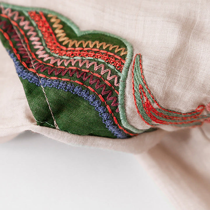 Pantalon large d'été en coton et lin double épaisseur avec broderie Buddha Stones et poches pour femme