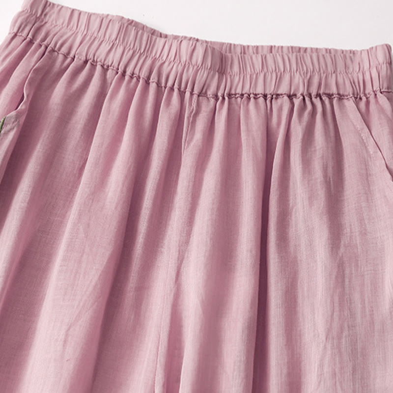 Pantalon large d'été en coton et lin double épaisseur avec broderie Buddha Stones et poches pour femme