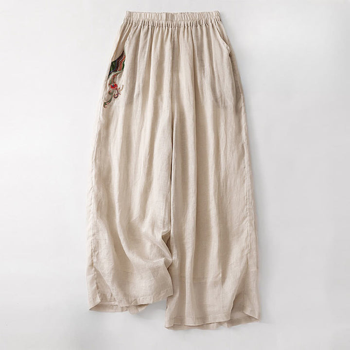 Pantalon large d'été en coton et lin double épaisseur avec broderie Buddha Stones et poches pour femme