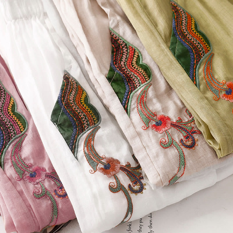 Pantalon large d'été en coton et lin double épaisseur avec broderie Buddha Stones et poches pour femme