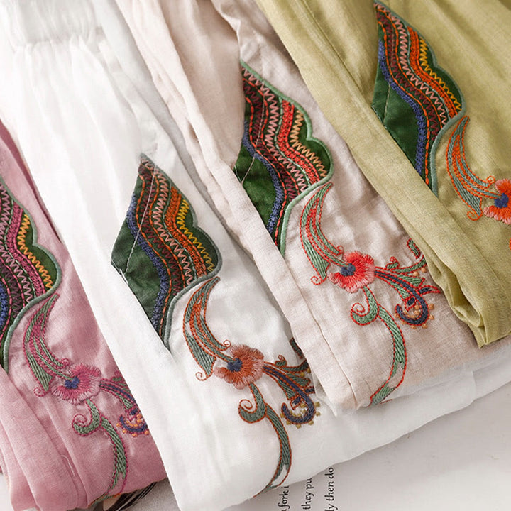 Pantalon large d'été en coton et lin double épaisseur avec broderie Buddha Stones et poches pour femme