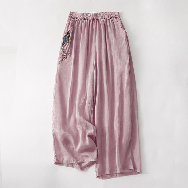 Pantalon large d'été en coton et lin double épaisseur avec broderie Buddha Stones et poches pour femme