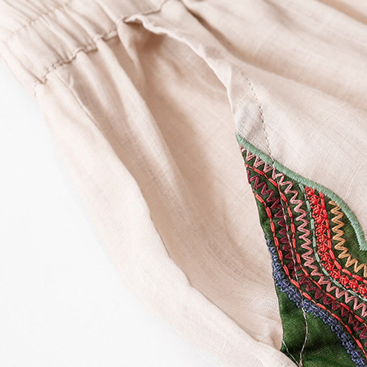 Pantalon large d'été en coton et lin double épaisseur avec broderie Buddha Stones et poches pour femme