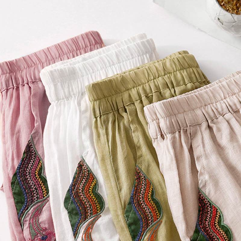 Pantalon large d'été en coton et lin double épaisseur avec broderie Buddha Stones et poches pour femme