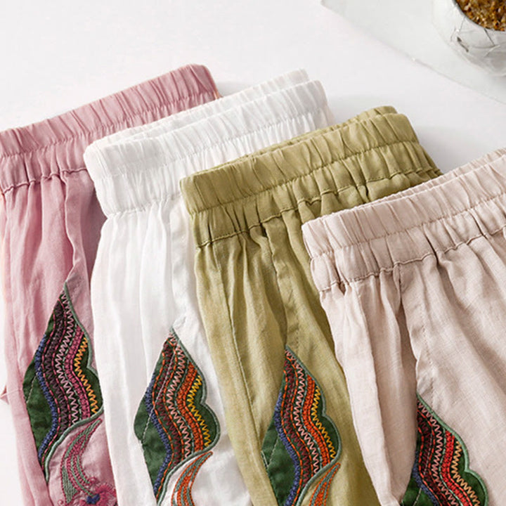 Pantalon large d'été en coton et lin double épaisseur avec broderie Buddha Stones et poches pour femme