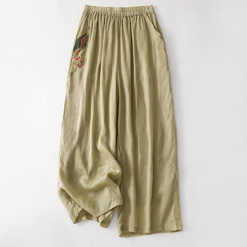 Pantalon large d'été en coton et lin double épaisseur avec broderie Buddha Stones et poches pour femme - DarkKhaki - US8-10，UK/AU12-14，EU40-42 (2XL) - image 0