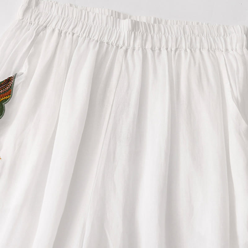 Pantalon large d'été en coton et lin double épaisseur avec broderie Buddha Stones et poches pour femme