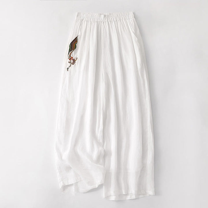 Pantalon large d'été en coton et lin double épaisseur avec broderie Buddha Stones et poches pour femme