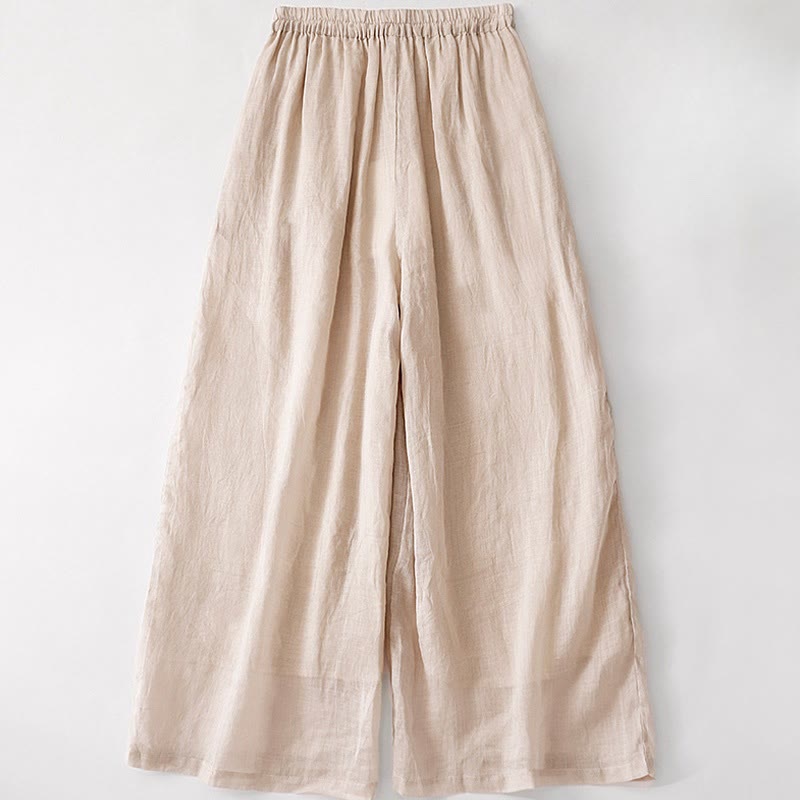 Pantalon large d'été en coton et lin double épaisseur avec broderie Buddha Stones et poches pour femme