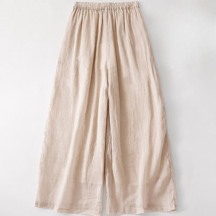 Pantalon large d'été en coton et lin double épaisseur avec broderie Buddha Stones et poches pour femme