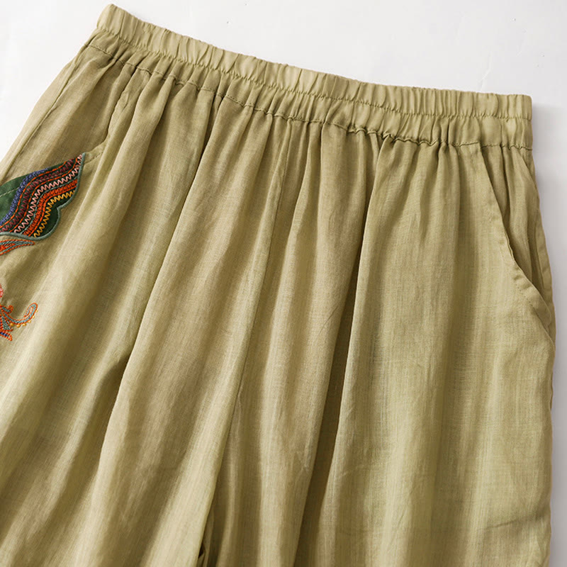 Pantalon large d'été en coton et lin double épaisseur avec broderie Buddha Stones et poches pour femme