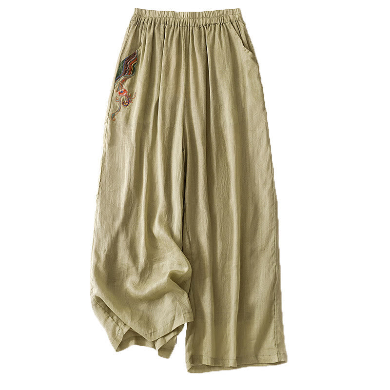 Pantalon large d'été en coton et lin double épaisseur avec broderie Buddha Stones et poches pour femme