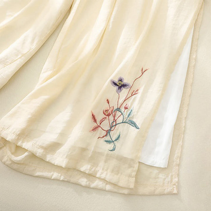 Pantalon large en coton et lin pour femme, broderie artistique de Buddha Stones, double épaisseur, grenouille chinoise, bouton fendu