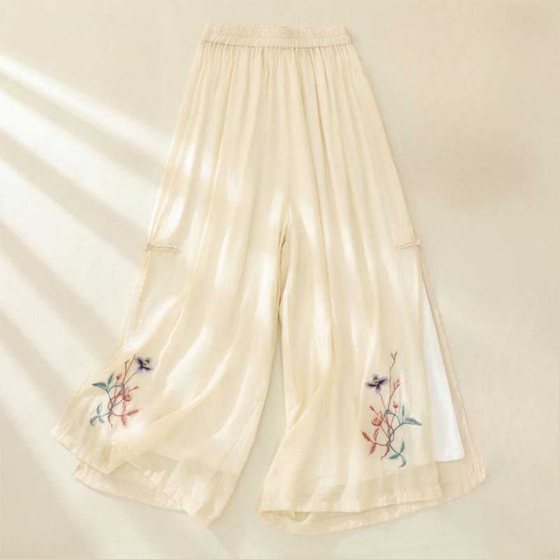 Pantalon large pour femme avec broderie artistique de Buddha Stones, fleurs, double couche, boutons grenouille chinois et fente - Jaune doré clair - US8-10，UK/AU12-14，EU40-42 (2XL) - image 6