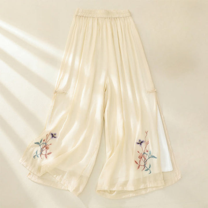 Pantalon large pour femme avec broderie artistique de Buddha Stones, fleurs, double couche, boutons grenouille chinois et fente - Jaune doré clair - US8-10，UK/AU12-14，EU40-42 (2XL) - image 6