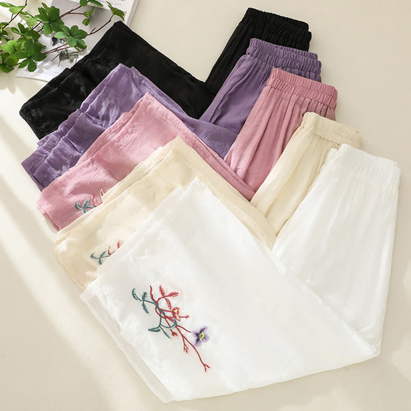 Pantalon large pour femme avec broderie artistique de Buddha Stones, fleurs, double couche, boutons grenouille chinois et fente - image 19