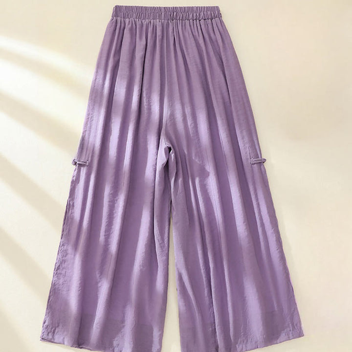 Pantalon large pour femme avec broderie artistique de Buddha Stones, fleurs, double couche, boutons grenouille chinois et fente - image 11