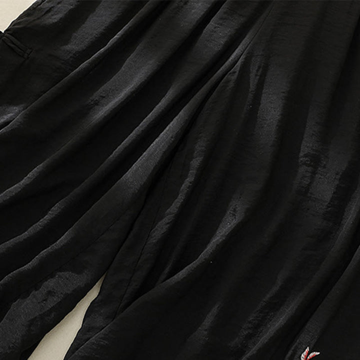 Pantalon large en coton et lin pour femme, broderie artistique de Buddha Stones, double épaisseur, grenouille chinoise, bouton fendu