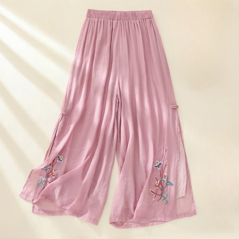 Pantalon large pour femme avec broderie artistique de Buddha Stones, fleurs, double couche, boutons grenouille chinois et fente - Rouge violet pâle - US8-10，UK/AU12-14，EU40-42 (2XL) - image 0