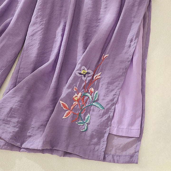 Pantalon large pour femme avec broderie artistique de Buddha Stones, fleurs, double couche, boutons grenouille chinois et fente - image 12