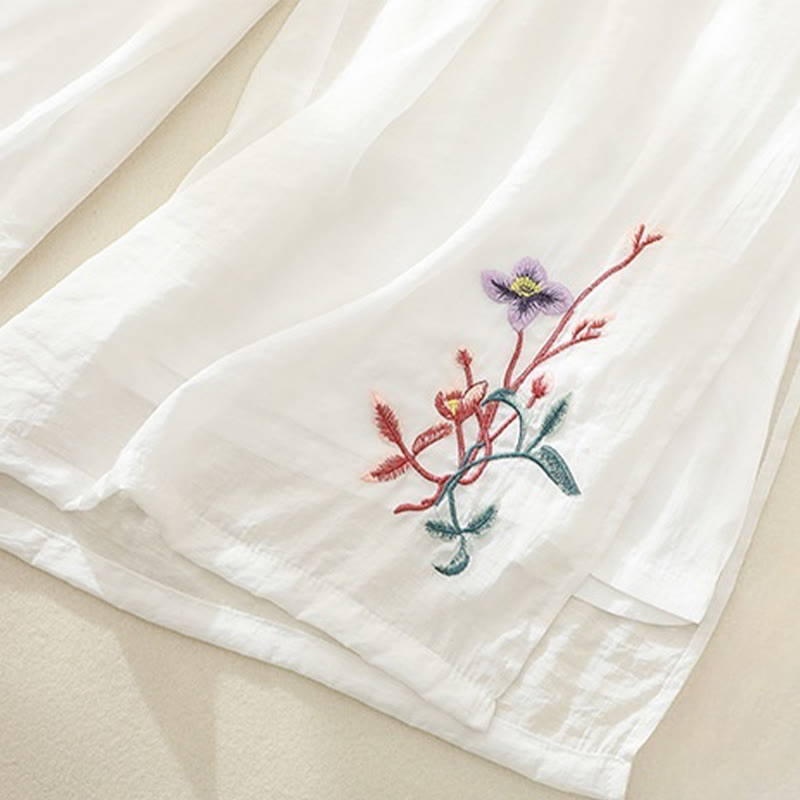 Pantalon large en coton et lin pour femme, broderie artistique de Buddha Stones, double épaisseur, grenouille chinoise, bouton fendu